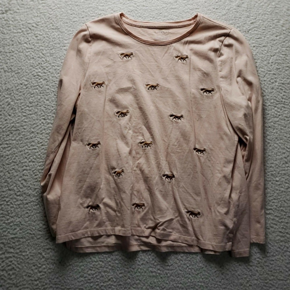 Talbots Shirt Womens XL Petite Pink Crew Neck Long Sleeve Embroidered Animal Top